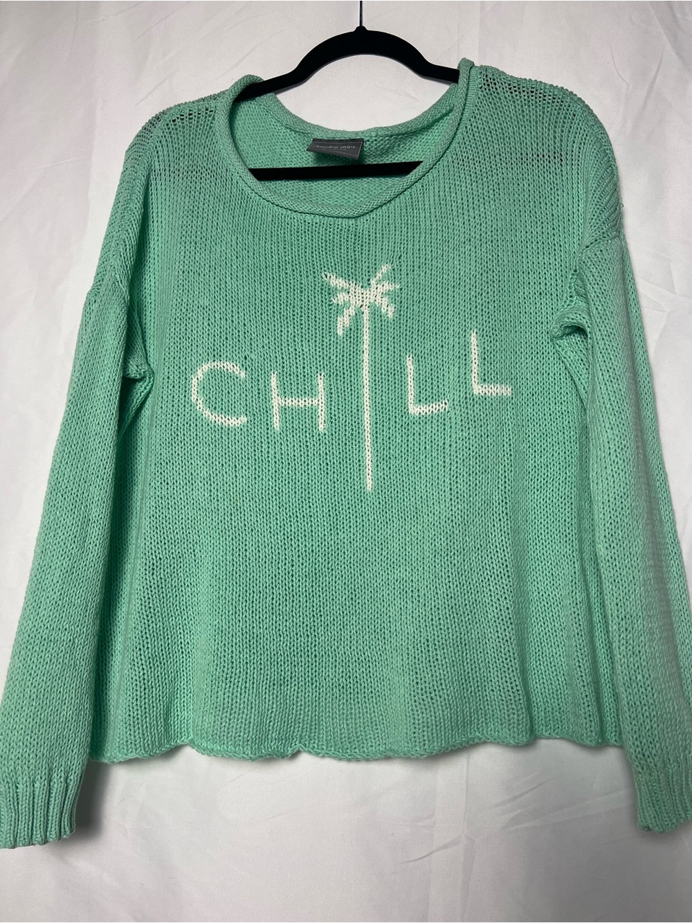 Wooden Ships Mint Green 'CHILL' Palm Tree Intarsia Crew Sweater Boxy Med/Lrg